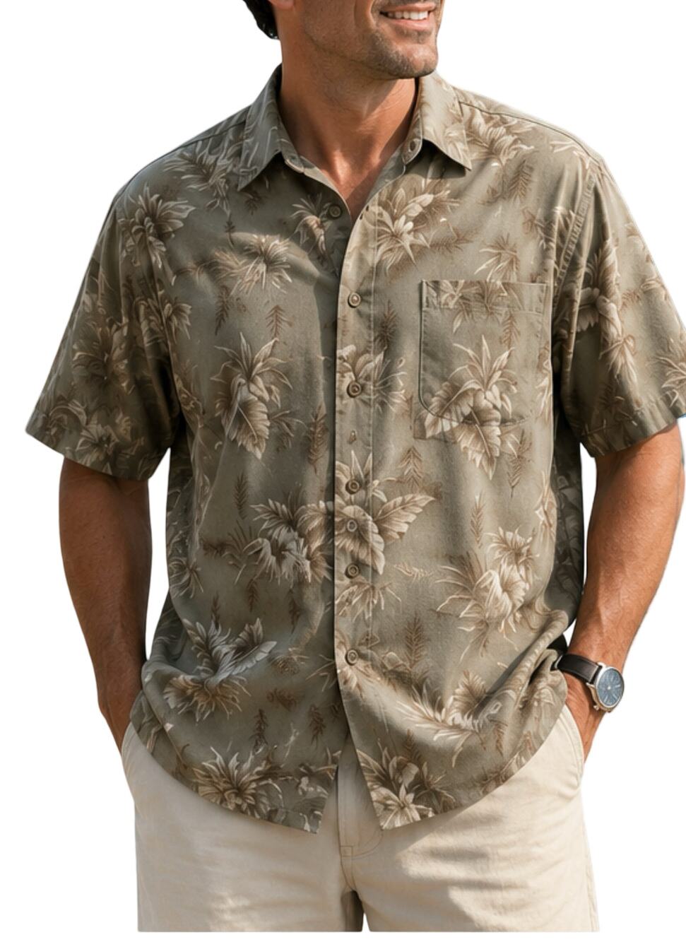Batik Bay Hawaiian Shirt Mens Size XL Tan Floral Palm Print Button Up Collar